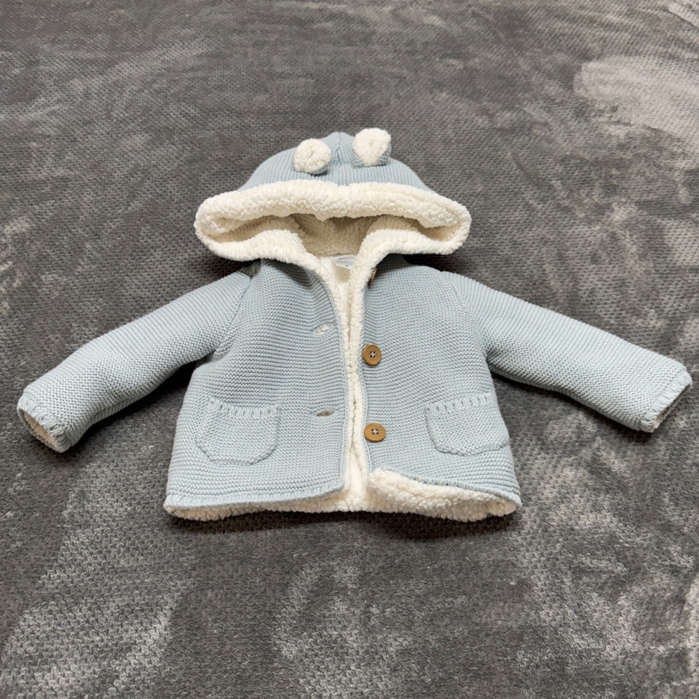 Carters Baby Boy Blue Knit Sherpa Lined Hooded Bear Ear Cardigan Sweater 6M